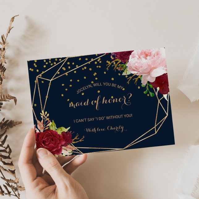 Cartão Postal De Convite Madrinha de casamento geométrica Dourada e tropica (Criador carregado)