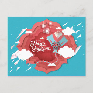 Cartão Postal De Convite Makar Sankranti, azul e pipa vermelho