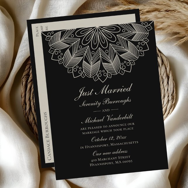 Cartão Postal De Convite Mandala Indian Boho Black Just Married Wedding (Criador carregado)