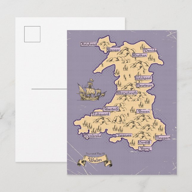 Cartão Postal De Convite Mapa de viagem ilustrado do País de Gales (Frente/Verso)