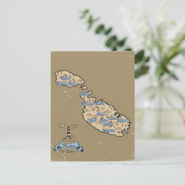 Cartão Postal De Convite Mapa de viagem ilustrado Malta (Em pé/Frente)