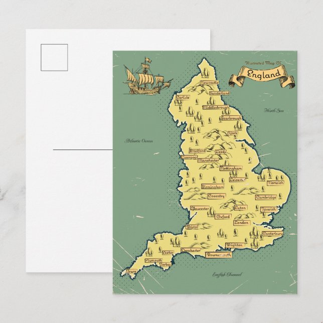 Cartão Postal De Convite Mapa ilustrado de Viagem da Inglaterra (Frente/Verso)