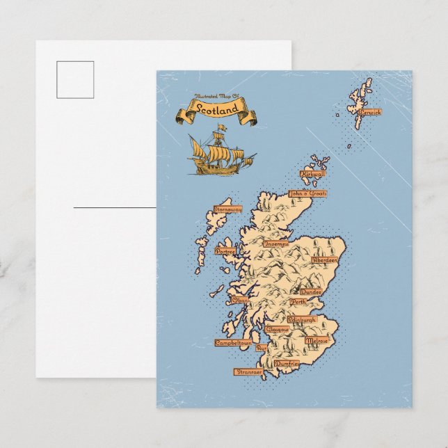 Cartão Postal De Convite Mapa ilustrado de viagens da Escócia (Frente/Verso)