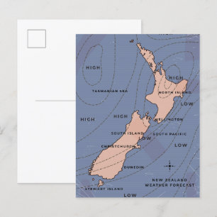 Cartão Postal De Convite mapa meteorológico antigo da Nova Zelândia