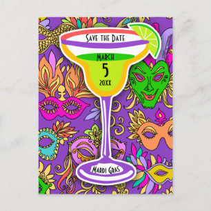 Cartão Postal De Convite Mardi Gras Máscaras Colorful Martini Salvar a Data
