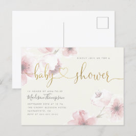 Cartão Postal De Convite Marfim | Chá de fraldas Floral Dourado do Flor de
