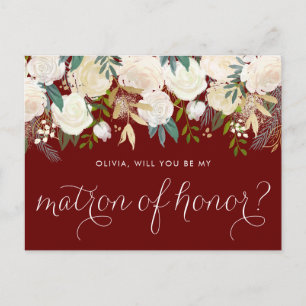 Cartão Postal De Convite Marfim Floral Vermelho Você Será Minha Dama de Hon