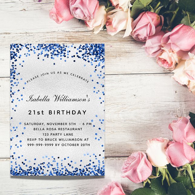 Cartão Postal De Convite Marinho azul de prata de aniversário (Criador carregado)