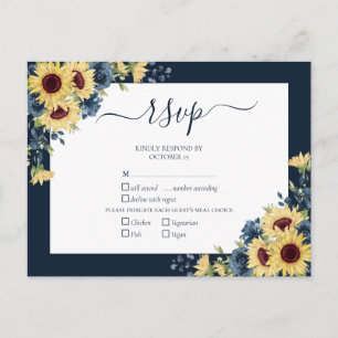 Cartão Postal De Convite Marinho Azul Girassol Script Botânico Casamento RS