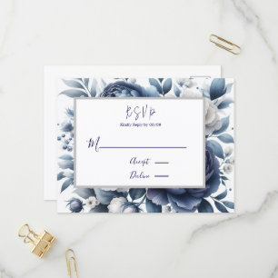 Cartão Postal De Convite Marinho Blue Peonies & White Roses RSVP de Casamen