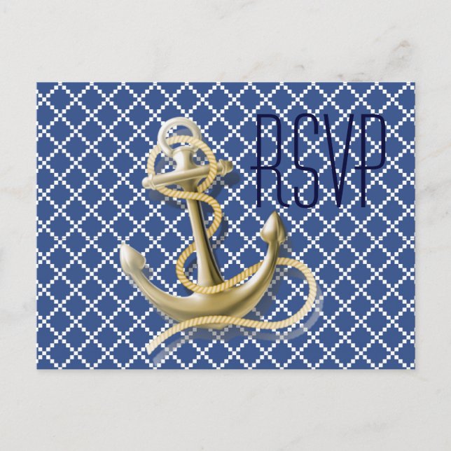 Cartão Postal De Convite Marinho Blue Standard anchor náutica rsvp (Frente)