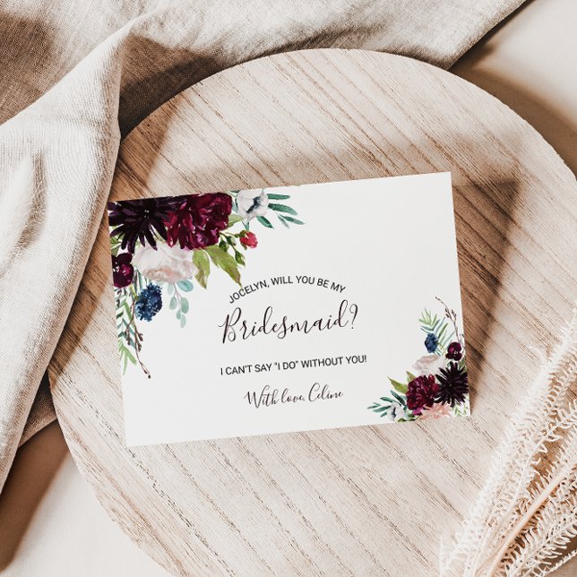 Cartão Postal De Convite Marinho Borgonha Moderna Blush Floral Bridesmaid (Criador carregado)