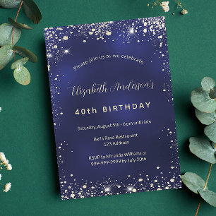 Cartão Postal De Convite Marinho de aniversário brilho dourado glamouroso