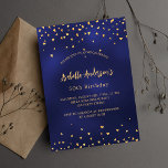 Cartão Postal De Convite Marinho de aniversário corações de ouro azul elega<br><div class="desc">Um fundo azul marinho decorado com ouros. A cor azul é irregular. Personalize e adicione seu nome e detalhes da festa.</div>