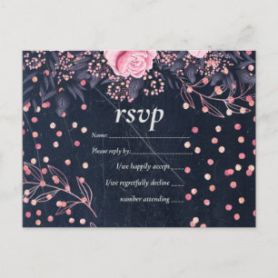 Cartão Postal De Convite Marinho Pink Rosegold Casamento Floral