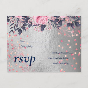 Cartão Postal De Convite Marinho Rosa, Casamento Metálico Rosa