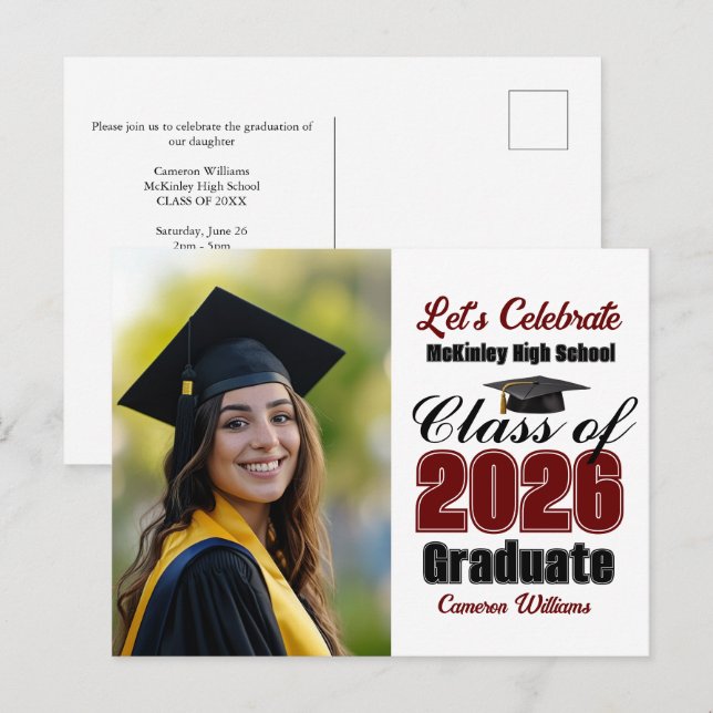 Cartão Postal De Convite Maroon Class of 2026 Photo Graduation Party (Frente/Verso)