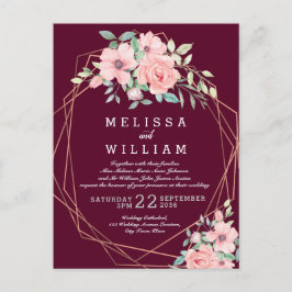Cartão Postal De Convite Marsala Geométrico Copper Floral Casamento