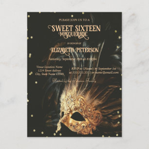 Cartão Postal De Convite Máscara de Mardi Gras Diamantes Preto Sweet 16 