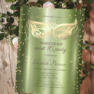 Cartão Postal De Convite Máscara Dourada Diamantes Verde Metálico Sweet 16