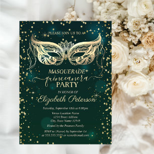 Cartão Postal De Convite Máscara Dourada Diamantes Verde Quinceañera