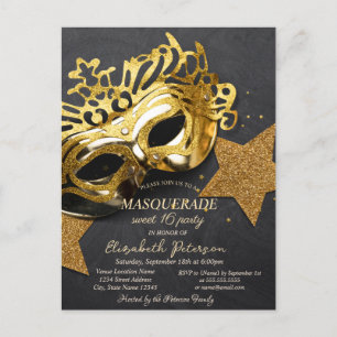 Cartão Postal De Convite Máscara Dourada Elegante Estrelas Sweet 16