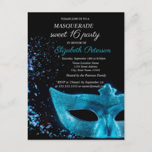 Cartão Postal De Convite Mascarada Blue Masque Black Sweet 16