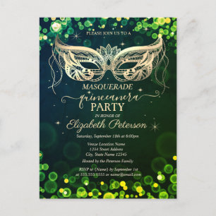 Cartão Postal De Convite Mascarada Bokeh Pontos Verdes Quinceañera
