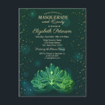 Cartão Postal De Convite Mascarada,Confetti Stars Green Masque Sweet 16<br><div class="desc">Másque Elegante e confete sobre fundo verde.</div>