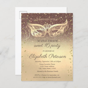 Cartão Postal De Convite Mascarada Diamantes Brilhantes Dourados Doce 16