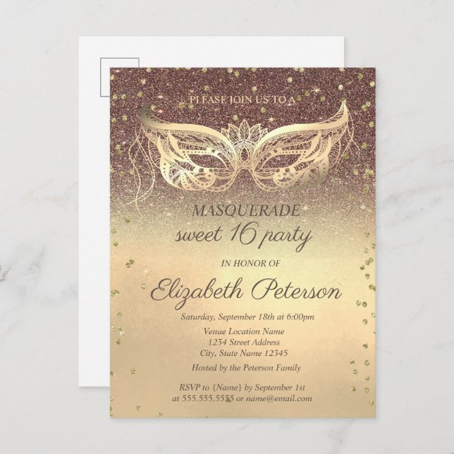 Cartão Postal De Convite Mascarada Diamantes Brilhantes Dourados Doce 16 (Frente/Verso)