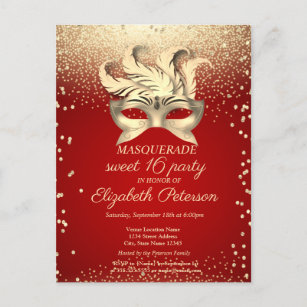 Cartão Postal De Convite Mascarada Dourado Diamantes,Masque,Red Sweet 16