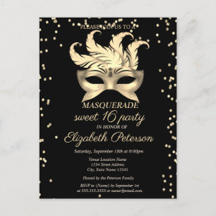 Cartão Postal De Convite Mascarada Dourado Diamantes,Masque Sweet 16