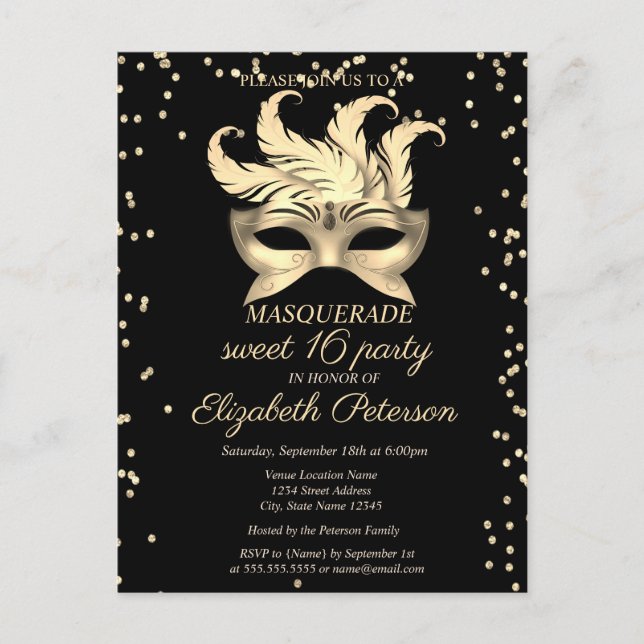 Cartão Postal De Convite Mascarada Dourado Diamantes,Masque Sweet 16 (Frente)