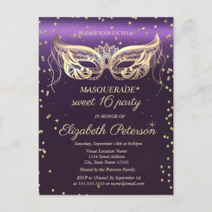 Cartão Postal De Convite Mascarada Dourado Diamantes Purple Sweet 16