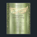 Cartão Postal De Convite Mascarada Dourado Diamantes Verde Metálico Doce 16<br><div class="desc">Diamantes Dourados e mácaro sobre fundo metálico verde.</div>