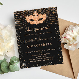 Cartão Postal De Convite Mascarada negro pó de ouro cintilante Quinceanera