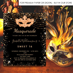 Cartão Postal De Convite Mascarada preto pó de ouro doce 16