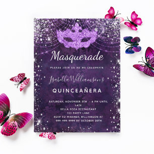 Cartão Postal De Convite Mascarada púrpura pó de cinzas prateadas Quinceane