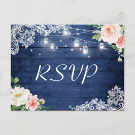 Cartão Postal De Convite Mason Jar Lights Floral Rustic Blue Wedal RSVP