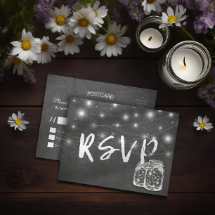 Cartão Postal De Convite Mason Jar & String Lights Chalkboard Weding RSVP