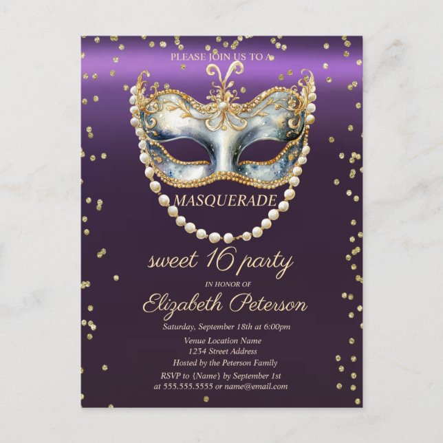 Cartão Postal De Convite Masqu Pérolas  Diamantes Roxo Doce 16  (Frente)