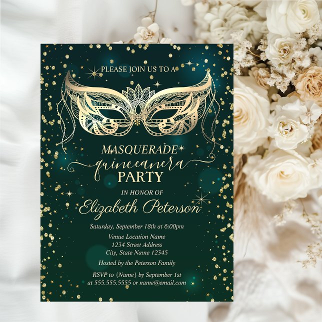 Cartão Postal De Convite Masque Dourado Diamantes Verde Quinceañera (Criador carregado)