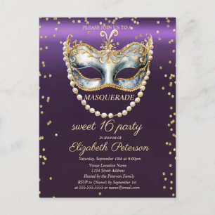 Cartão Postal De Convite Masque Pearls Diamantes Purple Sweet 16