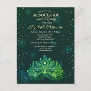 Cartão Postal De Convite Masquerada,Confetes Estrelas Verde Máscara Sweet 1
