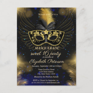 Cartão Postal De Convite Masquerada Dourada Brilhante Sweet 16