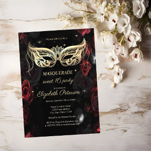 Cartão Postal De Convite Masquerada Rosas Vermelhas Escuras Gótico Sweet 16
