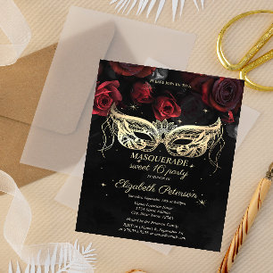 Cartão Postal De Convite Masquerada Rosas Vermelhas Gótico Doce 16