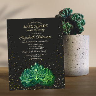 Cartão Postal De Convite Masquerade, Confetti Verde Máscara Sweet 16