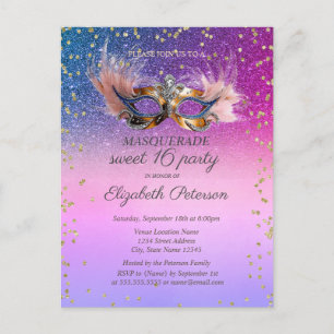 Cartão Postal De Convite Masquerade Diamantes Brilho Roxo Sweet 16